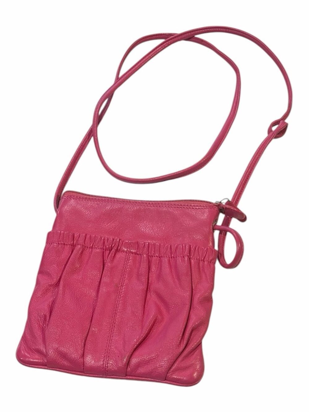 ILI NEW YORK Pink Pebbled Leather Crossbody Bag Small Ruched Leopard Lining